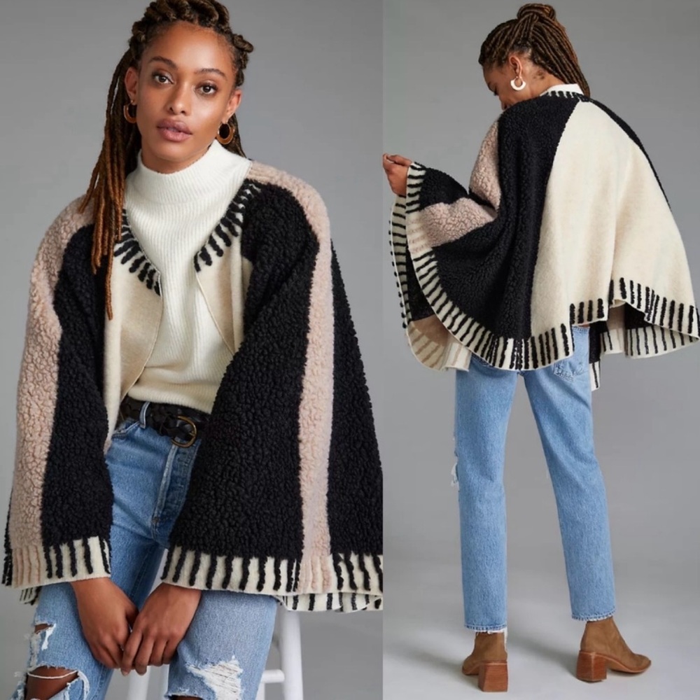 Anthropologie Black Cream Tan Colorblock Sherpa Cape